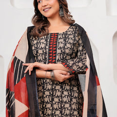 Black & Red Bagru Print Cotton Kurta Pant Set with Mulmul Dupatta