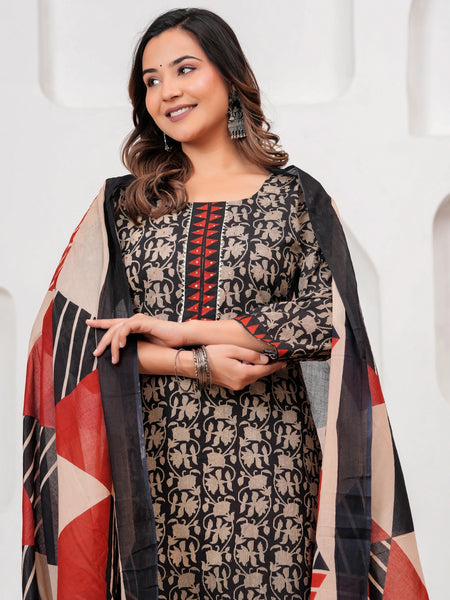 Black & Red Bagru Print Cotton Kurta Pant Set with Mulmul Dupatta