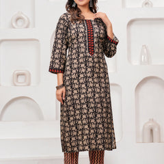 Black & Red Bagru Print Cotton Kurta Pant Set with Mulmul Dupatta