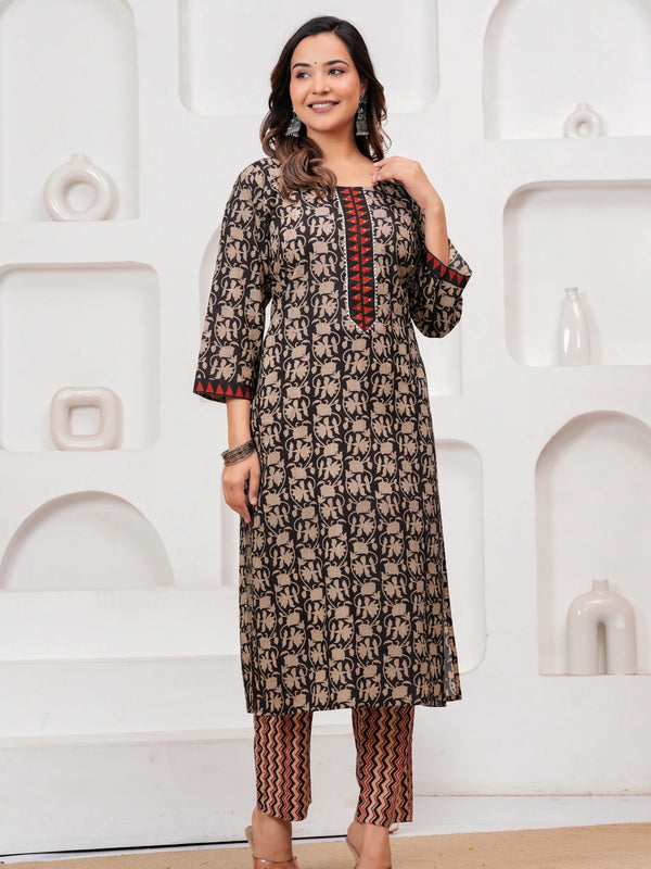 Black & Red Bagru Print Cotton Kurta Pant Set with Mulmul Dupatta