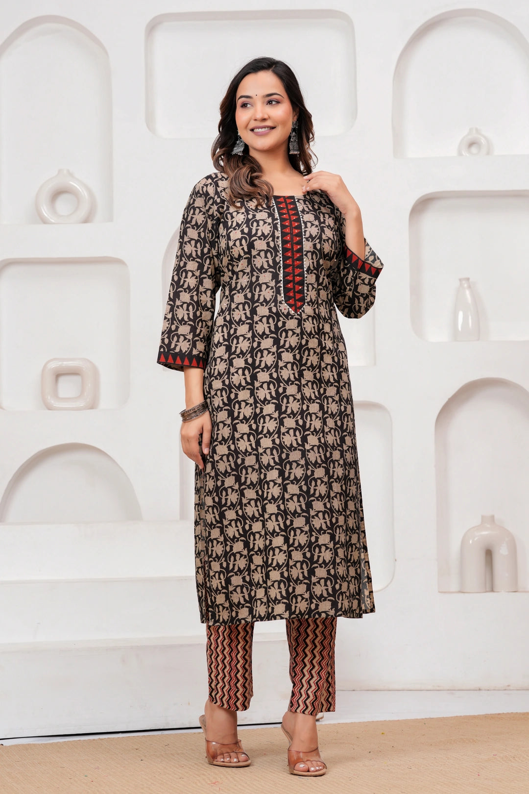 Black & Red Bagru Print Cotton Kurta Pant Set with Mulmul Dupatta