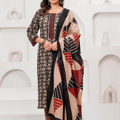 Black & Red Bagru Print Cotton Kurta Pant Set with Mulmul Dupatta