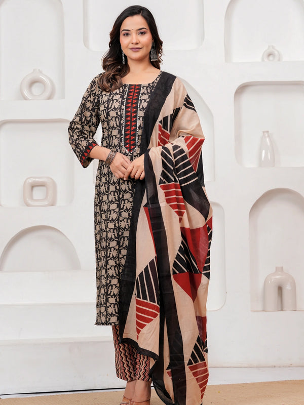 Black & Red Bagru Print Cotton Kurta Pant Set with Mulmul Dupatta