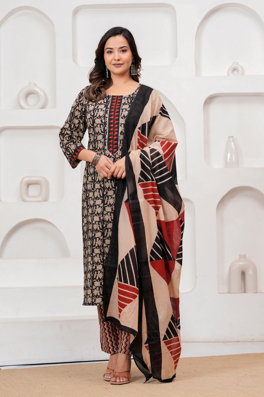 Black & Red Bagru Print Cotton Kurta Pant Set with Mulmul Dupatta