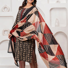 Black & Red Bagru Print Cotton Kurta Pant Set with Mulmul Dupatta