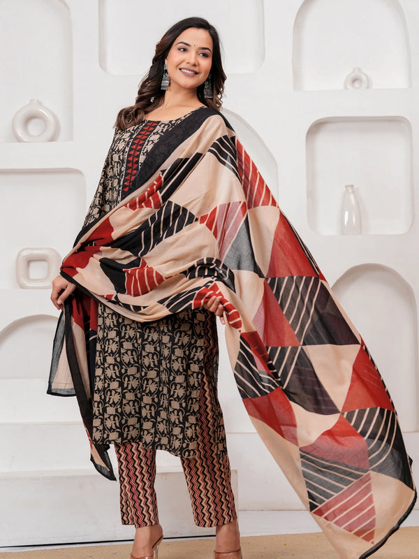 Black & Red Bagru Print Cotton Kurta Pant Set with Mulmul Dupatta