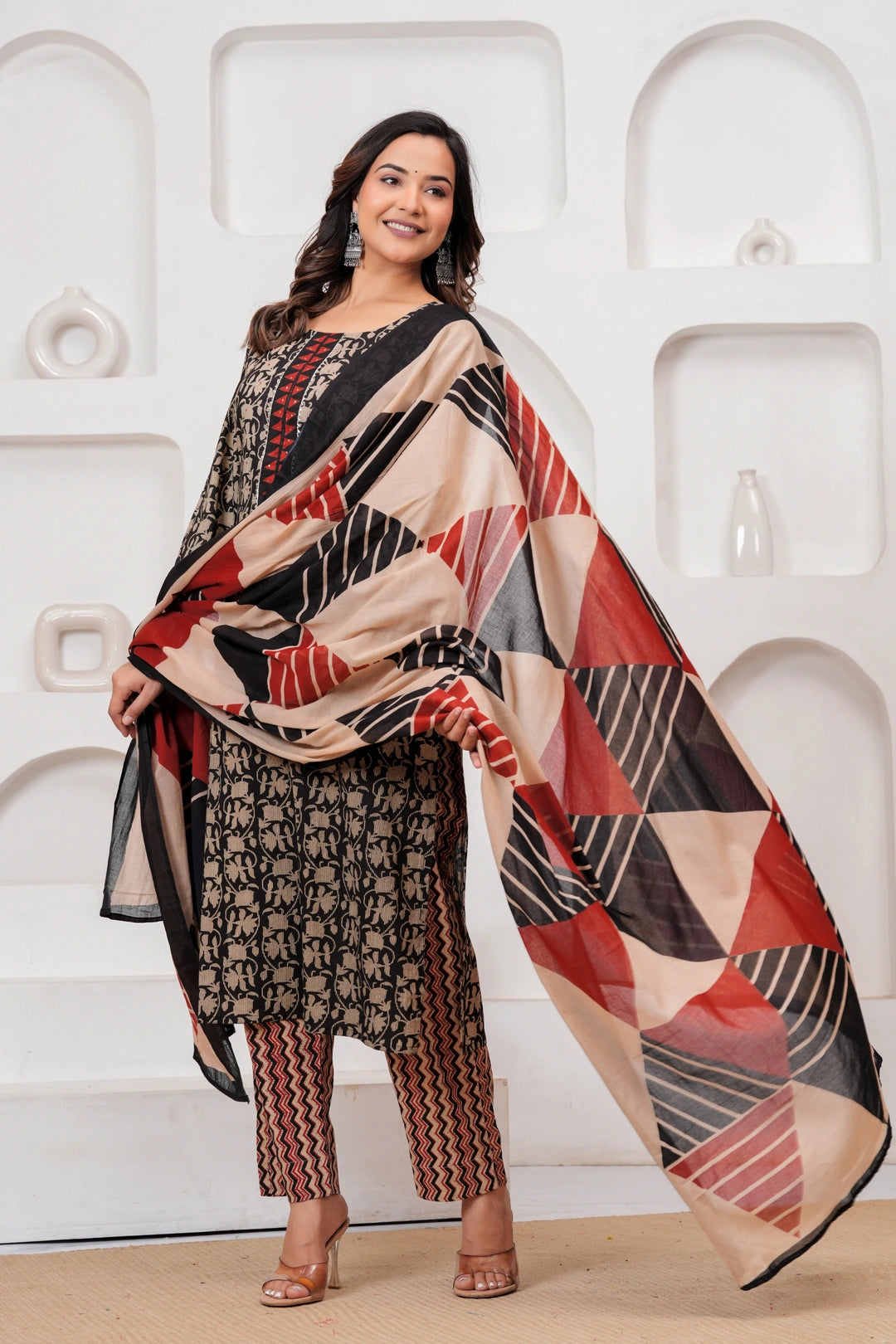 Black & Red Bagru Print Cotton Kurta Pant Set with Mulmul Dupatta