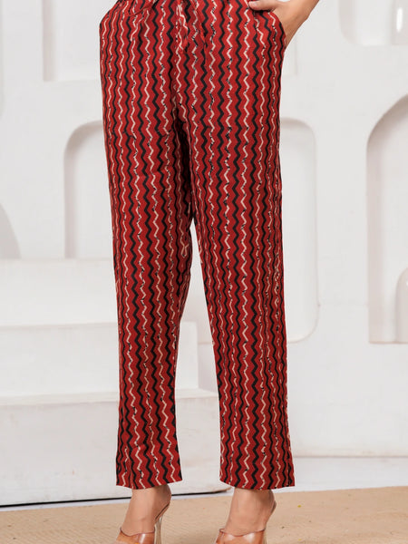 Bagru Print Rust Red Cotton Kurta Pant Set with Abstract Malmal Dupatta