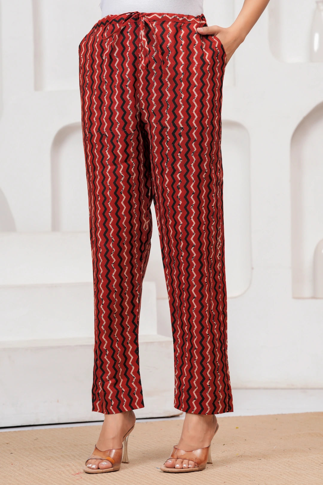 Bagru Print Rust Red Cotton Kurta Pant Set with Abstract Malmal Dupatta