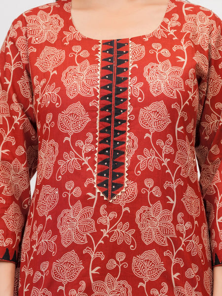Bagru Print Rust Red Cotton Kurta Pant Set with Abstract Malmal Dupatta