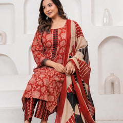 Bagru Print Rust Red Cotton Kurta Pant Set with Abstract Malmal Dupatta