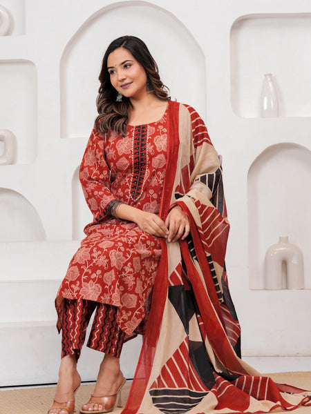 Bagru Print Rust Red Cotton Kurta Pant Set with Abstract Malmal Dupatta