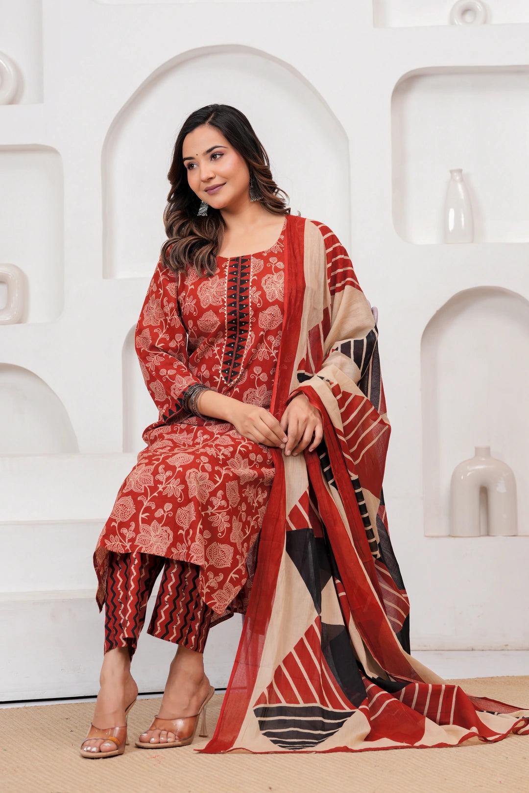 Bagru Print Rust Red Cotton Kurta Pant Set with Abstract Malmal Dupatta
