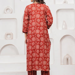 Bagru Print Rust Red Cotton Kurta Pant Set with Abstract Malmal Dupatta