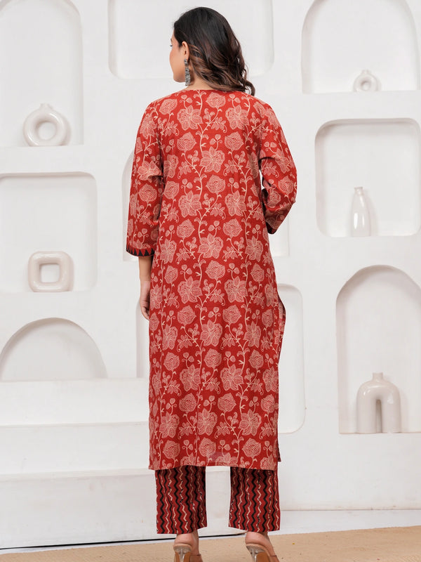 Bagru Print Rust Red Cotton Kurta Pant Set with Abstract Malmal Dupatta