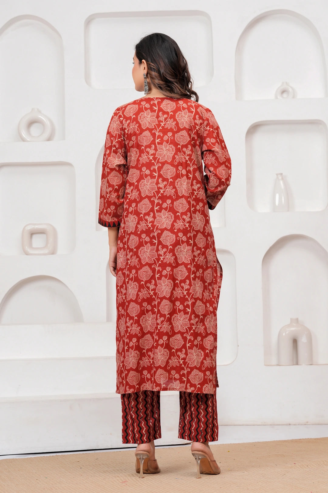 Bagru Print Rust Red Cotton Kurta Pant Set with Abstract Malmal Dupatta