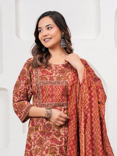 Ajrakh Jaal Print Cotton Kurta Pant Set with Malmal Dupatta