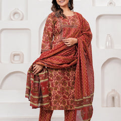 Ajrakh Jaal Print Cotton Kurta Pant Set with Malmal Dupatta