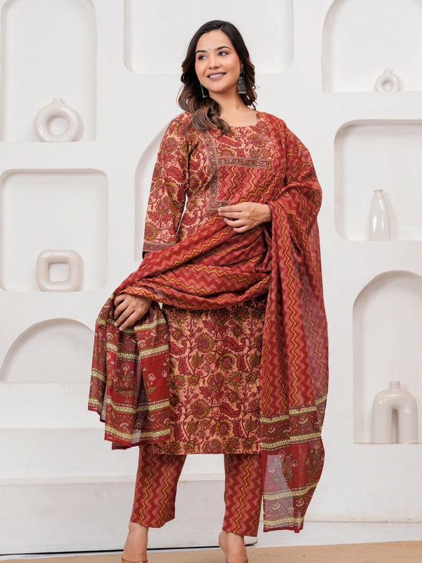 Ajrakh Jaal Print Cotton Kurta Pant Set with Malmal Dupatta