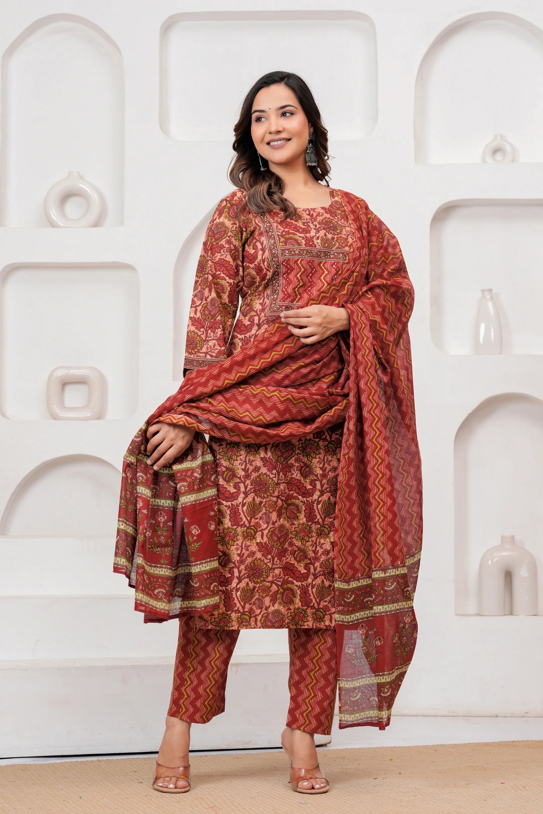 Ajrakh Jaal Print Cotton Kurta Pant Set with Malmal Dupatta