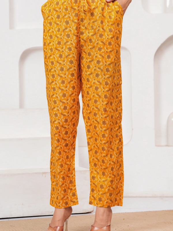Golden Yellow Buta Print Cotton Kurta Pant Set with Cotton Dupatta