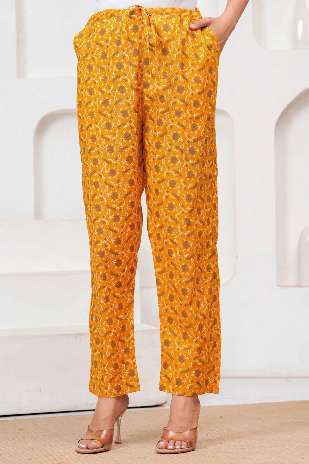 Golden Yellow Buta Print Cotton Kurta Pant Set with Cotton Dupatta