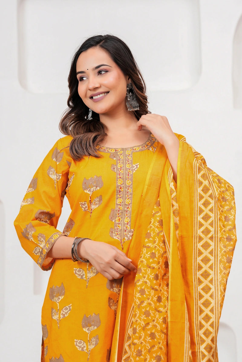Golden Yellow Buta Print Cotton Kurta Pant Set with Cotton Dupatta