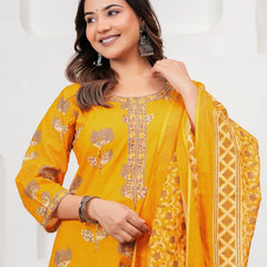 Golden Yellow Buta Print Cotton Kurta Pant Set with Cotton Dupatta