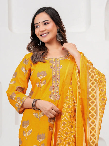 Golden Yellow Buta Print Cotton Kurta Pant Set with Cotton Dupatta