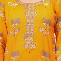 Golden Yellow Buta Print Cotton Kurta Pant Set with Cotton Dupatta