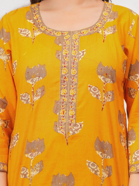 Golden Yellow Buta Print Cotton Kurta Pant Set with Cotton Dupatta