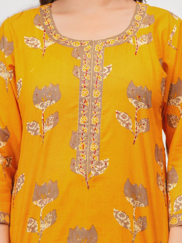 Golden Yellow Buta Print Cotton Kurta Pant Set with Cotton Dupatta