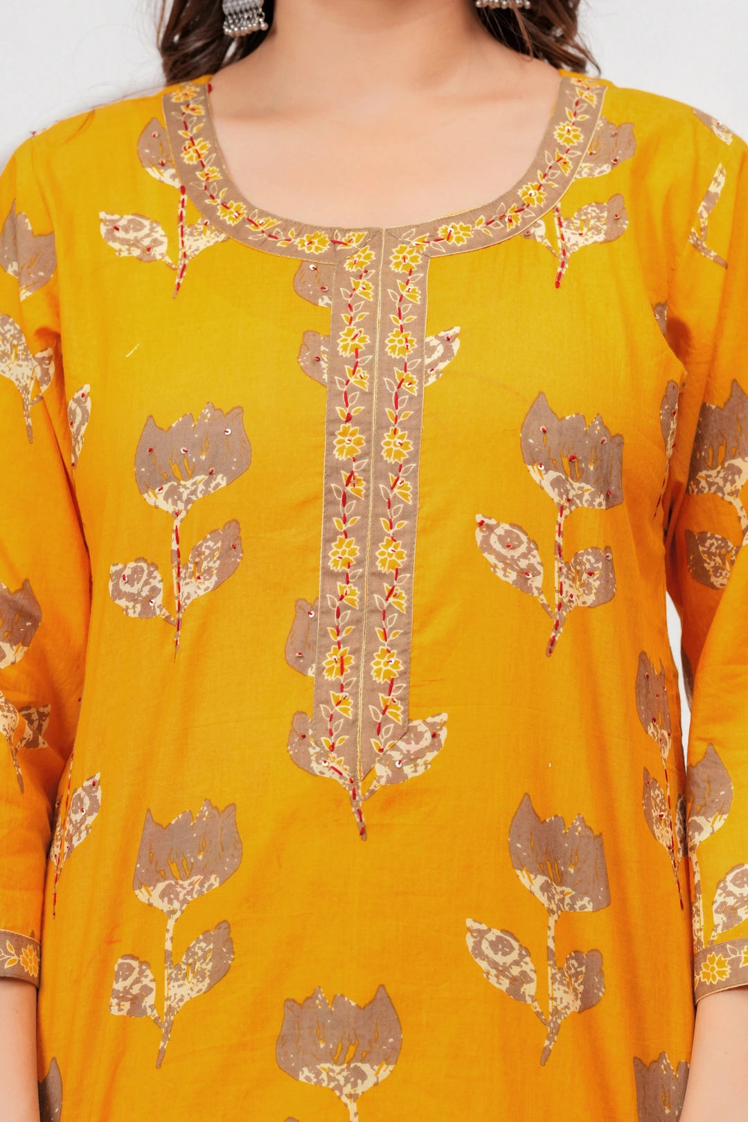 Golden Yellow Buta Print Cotton Kurta Pant Set with Cotton Dupatta