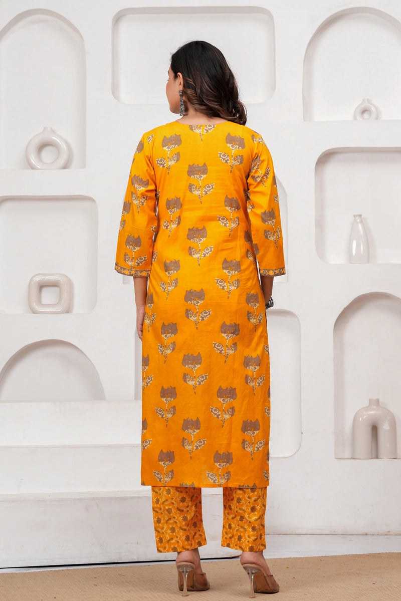 Golden Yellow Buta Print Cotton Kurta Pant Set with Cotton Dupatta