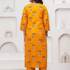 Golden Yellow Buta Print Cotton Kurta Pant Set with Cotton Dupatta