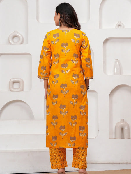 Golden Yellow Buta Print Cotton Kurta Pant Set with Cotton Dupatta
