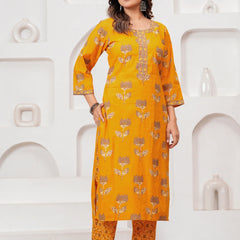 Golden Yellow Buta Print Cotton Kurta Pant Set with Cotton Dupatta