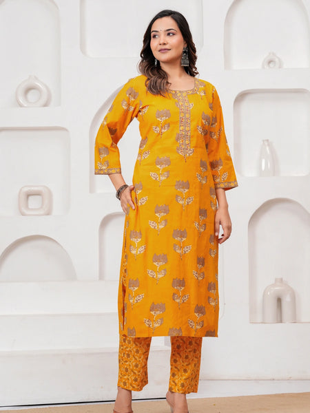 Golden Yellow Buta Print Cotton Kurta Pant Set with Cotton Dupatta