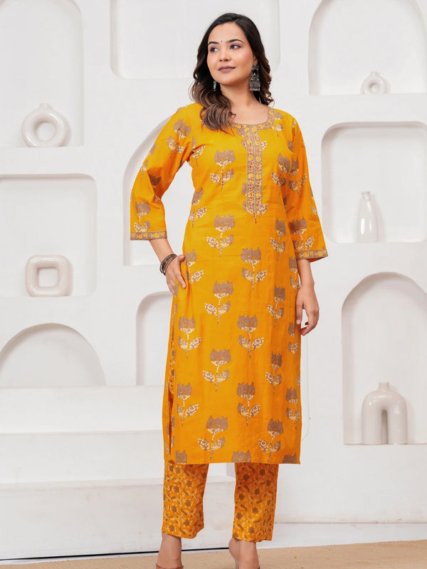 Golden Yellow Buta Print Cotton Kurta Pant Set with Cotton Dupatta