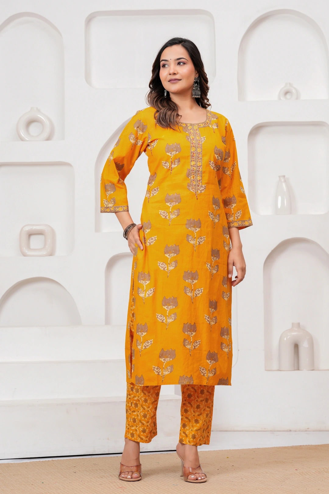 Golden Yellow Buta Print Cotton Kurta Pant Set with Cotton Dupatta