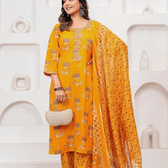 Golden Yellow Buta Print Cotton Kurta Pant Set with Cotton Dupatta