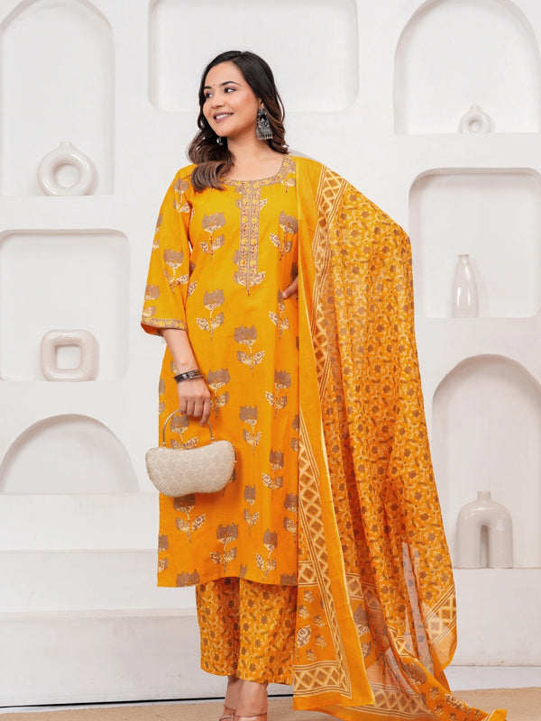 Golden Yellow Buta Print Cotton Kurta Pant Set with Cotton Dupatta
