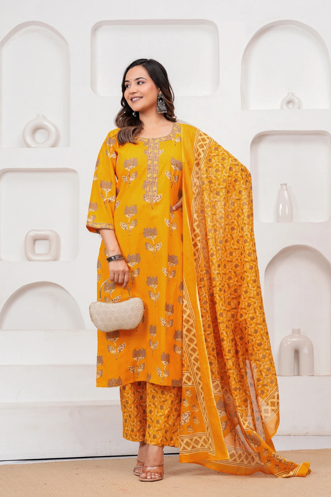 Golden Yellow Buta Print Cotton Kurta Pant Set with Cotton Dupatta