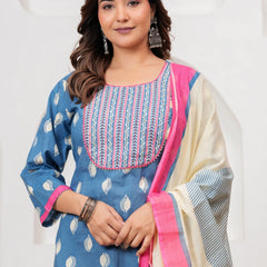 Sky Blue Buti Print Cotton Kurta Pant Set with Designer Dupatta