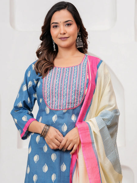 Sky Blue Buti Print Cotton Kurta Pant Set with Designer Dupatta