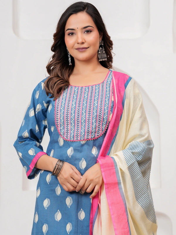 Sky Blue Buti Print Cotton Kurta Pant Set with Designer Dupatta