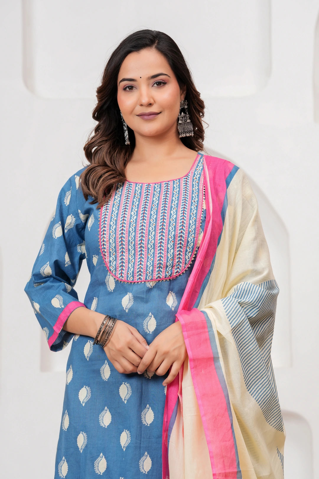 Sky Blue Buti Print Cotton Kurta Pant Set with Designer Dupatta