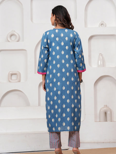 Sky Blue Buti Print Cotton Kurta Pant Set with Designer Dupatta