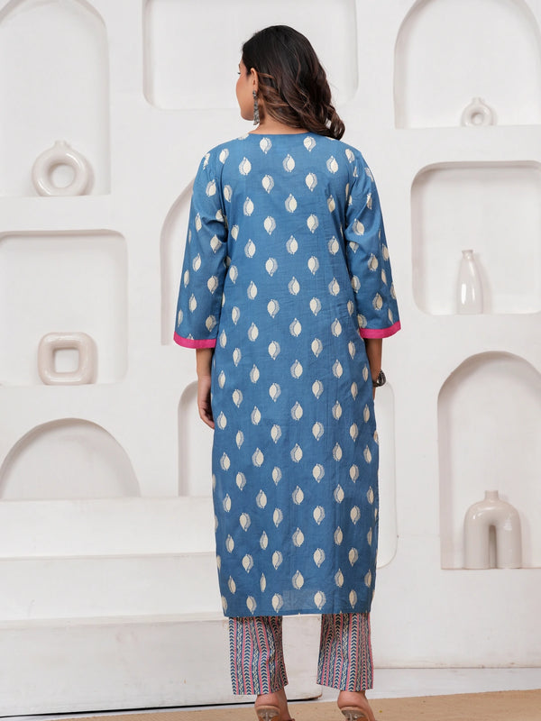 Sky Blue Buti Print Cotton Kurta Pant Set with Designer Dupatta