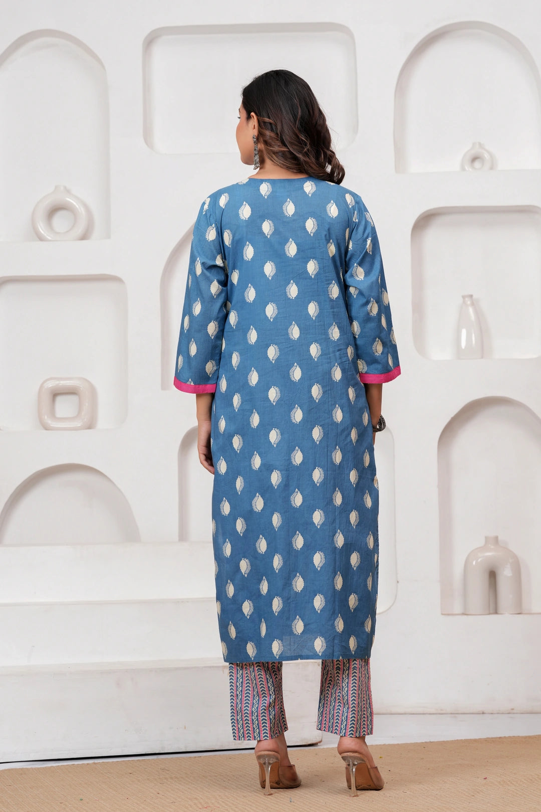 Sky Blue Buti Print Cotton Kurta Pant Set with Designer Dupatta